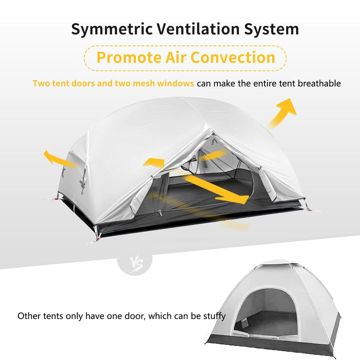 Mongar Backpacking Tent-Symmetric Ventilation System Promote Air Convection Two tent doors and two mesh windows can make the entire tent breathable