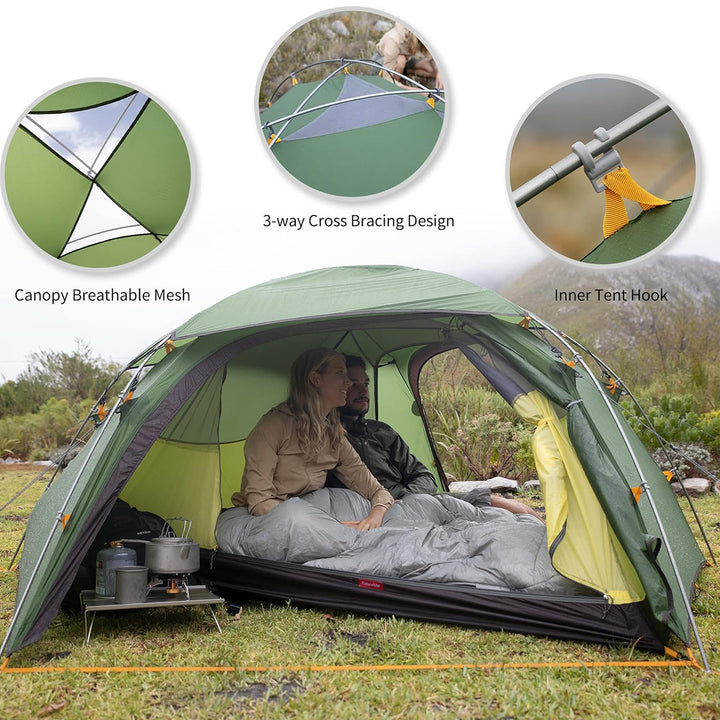 The Cloud Peak 4-Season Backpacking Tent also features a 3-way Cross Bracing Design to ensure a stable structure. In addition, it is equipped with Canopy Breathable Mesh and Inner Tent Hook to provide better ventilation and hooking functions. This tent is suitable for all weather conditions and is an ideal choice for campers.