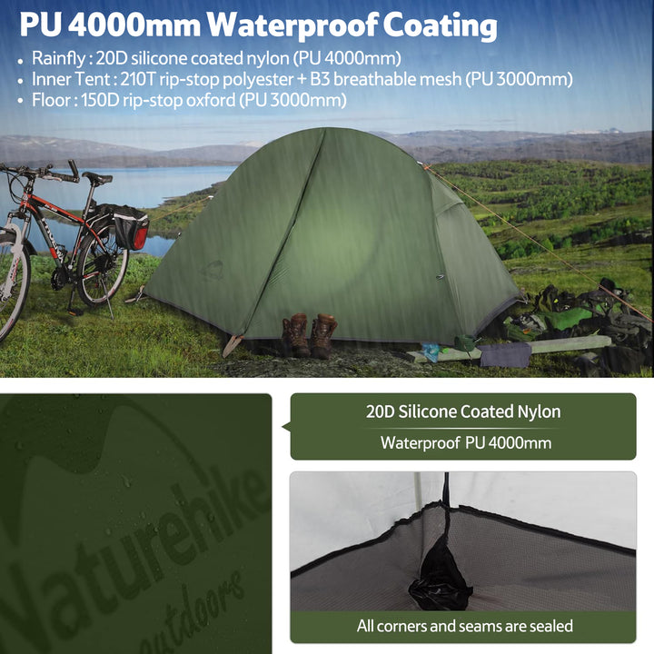 The tent features a PU 4000mm waterproof coating, a 20D silicone nylon outer layer, an inner tent made of 210T tear-stop polyester material with B3 breathable mesh (PU 3000mm), and a 150D water-repellent oxford cloth floor (PU 3000mm).