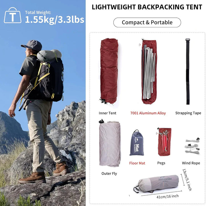 A man with a backpack is hiking outdoors. He is standing on a rock, surrounded by mountains and trees. There is an image on the backpack showing details of a tent. The whole scene gives a feeling of adventure and exploration.