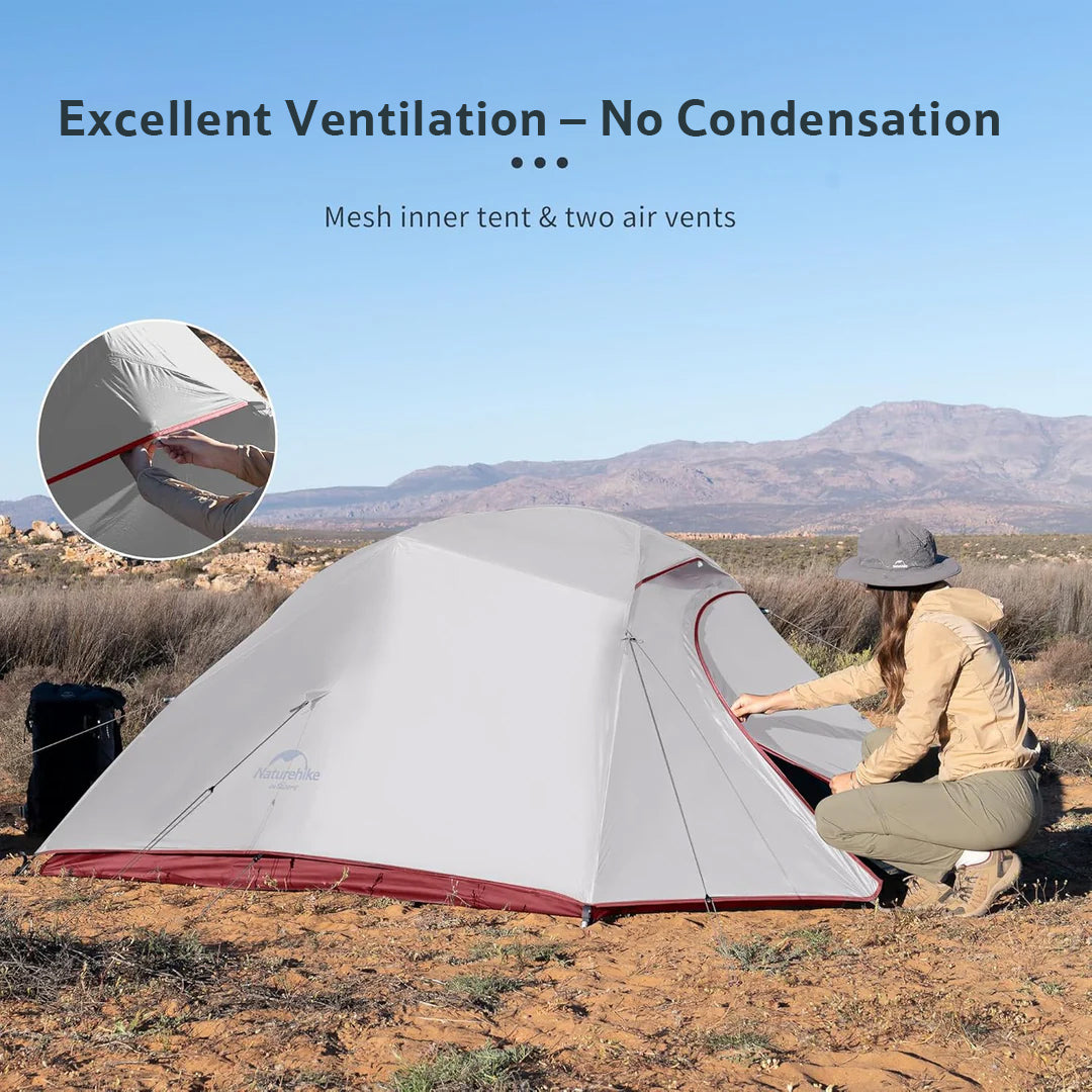 A woman makes adjustments inside a tent. The image highlights the tent's ventilation, with a mesh interior and two air outlets.