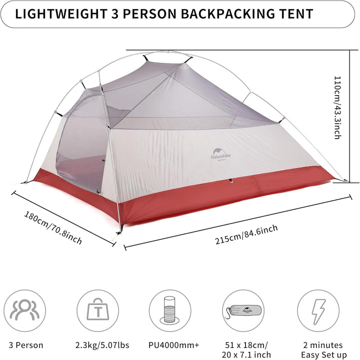 This is a product promotional image of Naturehike's lightweight three-person tent. The tent has a simple design with white and red as the main colors. The picture provides information on the size, material, weight, and quick erection method of the tent.