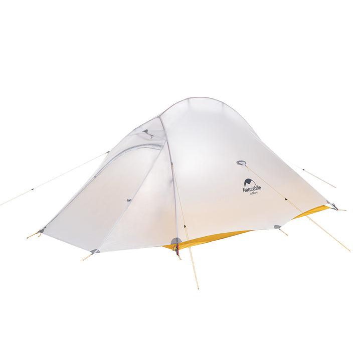 The tent is mainly white with a yellow bottom edge and some details such as drawstrings and fixing points. The tent is designed to look light and easy to set up, suitable for use in various natural environments.