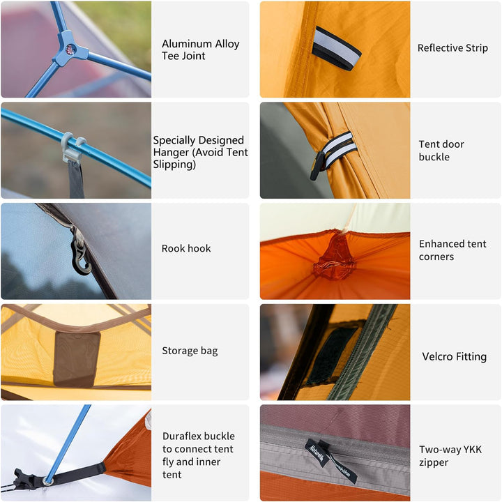 The tent has an aluminum T-joint, which is designed to enhance the stability of the structure. Specially designed hanging loops prevent the tent from sliding and ensure that the tent is stable in the wind. Reflective strips increase safety when used at night. The buckles on the tent door are reinforced for increased durability. The reinforced design of the tent corners improves the overall structural strength. The storage pocket is convenient for carrying small items, while the Velcro fastening straps are u