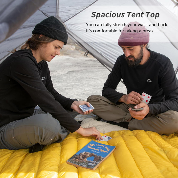 The Mongar Backpacking Tent is a two-person tent with a spacious tent top design that allows full waist and back extension, making it very comfortable when resting.