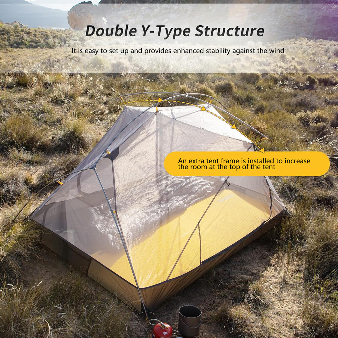 The Mongar Backpacking Tent features a double Y-shaped structure design that is easy to set up and provides enhanced stability to resist wind.