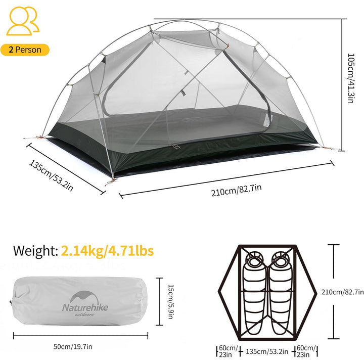 The Mongar Backpacking Tent is a semi-circular tent that can accommodate two people and has a total weight of 2.14 kg or 4.71 pounds.