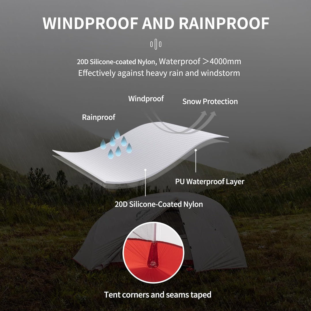 The Star-River 4-Season Backpacking Tent is made of 20D silicone-coated nylon and has a waterproof performance of over 4000mm, which can effectively resist heavy rain and storms. The tent's windshield and snow protection make it an ideal choice for outdoor adventures.