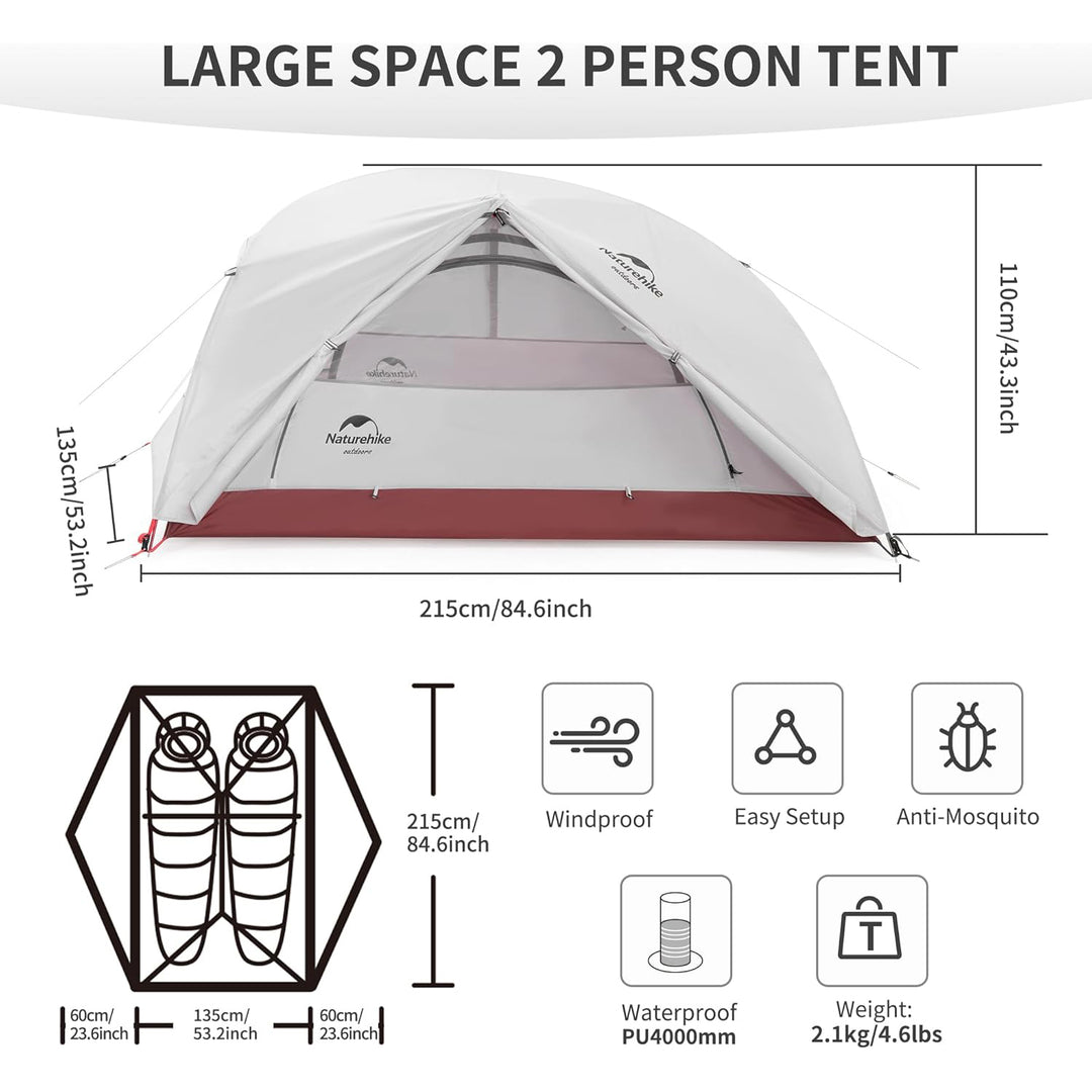 Its interior is spacious and suitable for two people. The tent adopts high-quality B3 mesh inner tent, which has good ventilation performance and a wide field of vision. In addition, it is waterproof and equipped with PU4000mm coating.