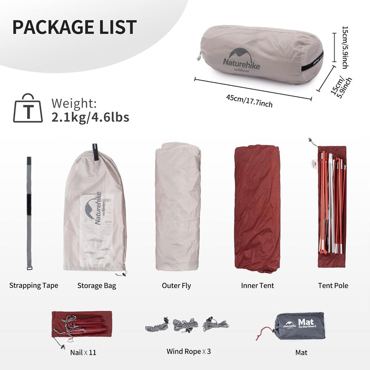 The packing list includes: bindings, storage bag, outer tent, inner tent, tent poles, guy ropes (3), pegs (11) and moisture-proof mat. This tent weighs 2.1 kg/4.6 lbs, which is very suitable for backpackers.