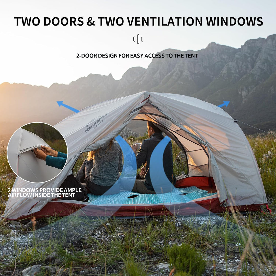 A Star-River 4-Season Backpacking Tent, which has two doors and two ventilation windows. The top of the tent is white and the bottom is gray.