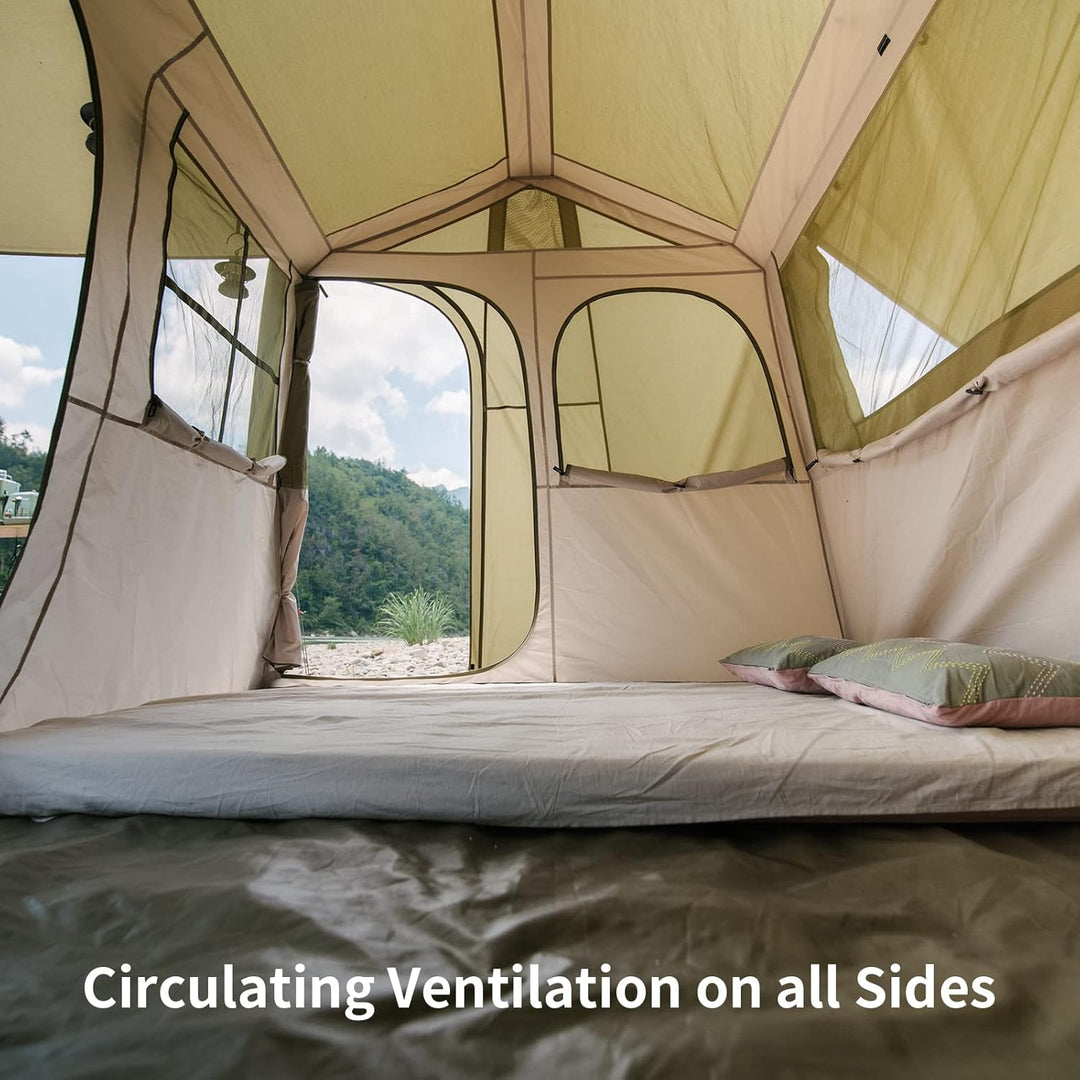 The Village 5.0 Instant Tent offers panoramic views with its design, allowing you to enjoy the beautiful scenery from every angle while camping.